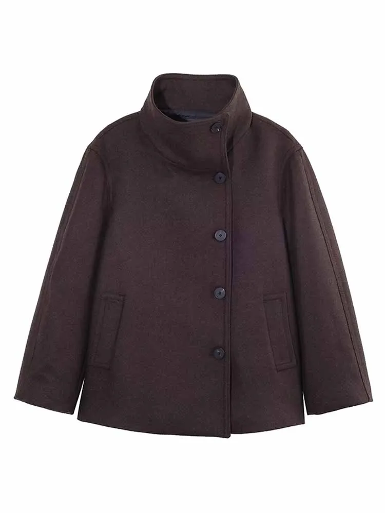 HH Woman New Fashion Long Sleeves High Collar Single Breasted Pocket Decoration Solid Short Coat Female Casual Street Jacket