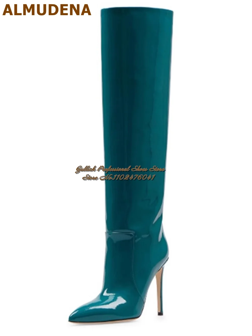 ALMUDENA Turquoise Bordeaux Lakleer Knielaarzen Hemelhoge Stiletto Hakken Puntschoen Hoge Laarzen Elegante Herfst Winter Sheos