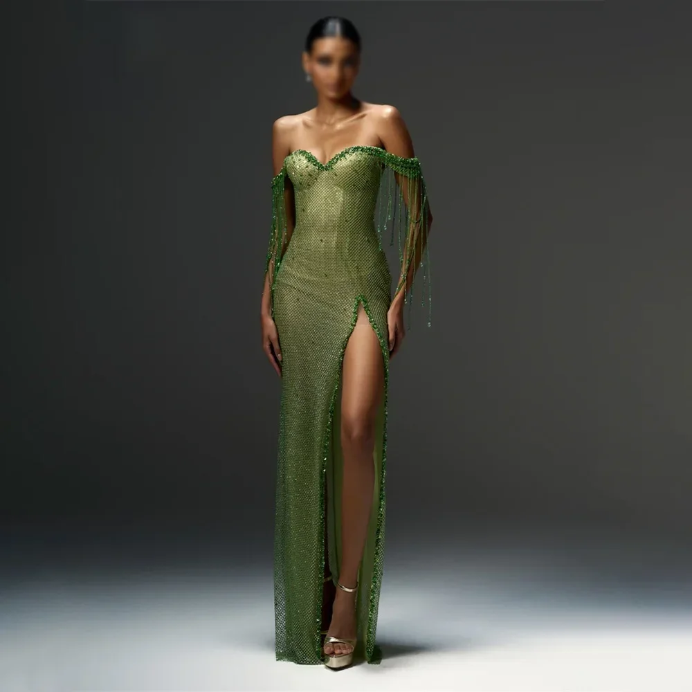 

MANRUIXIN Customized Floor-Length Evening Dresses Short Sleeve Side Split Prom Dress Lace-Up Green Off the Shoulder Party Dresse