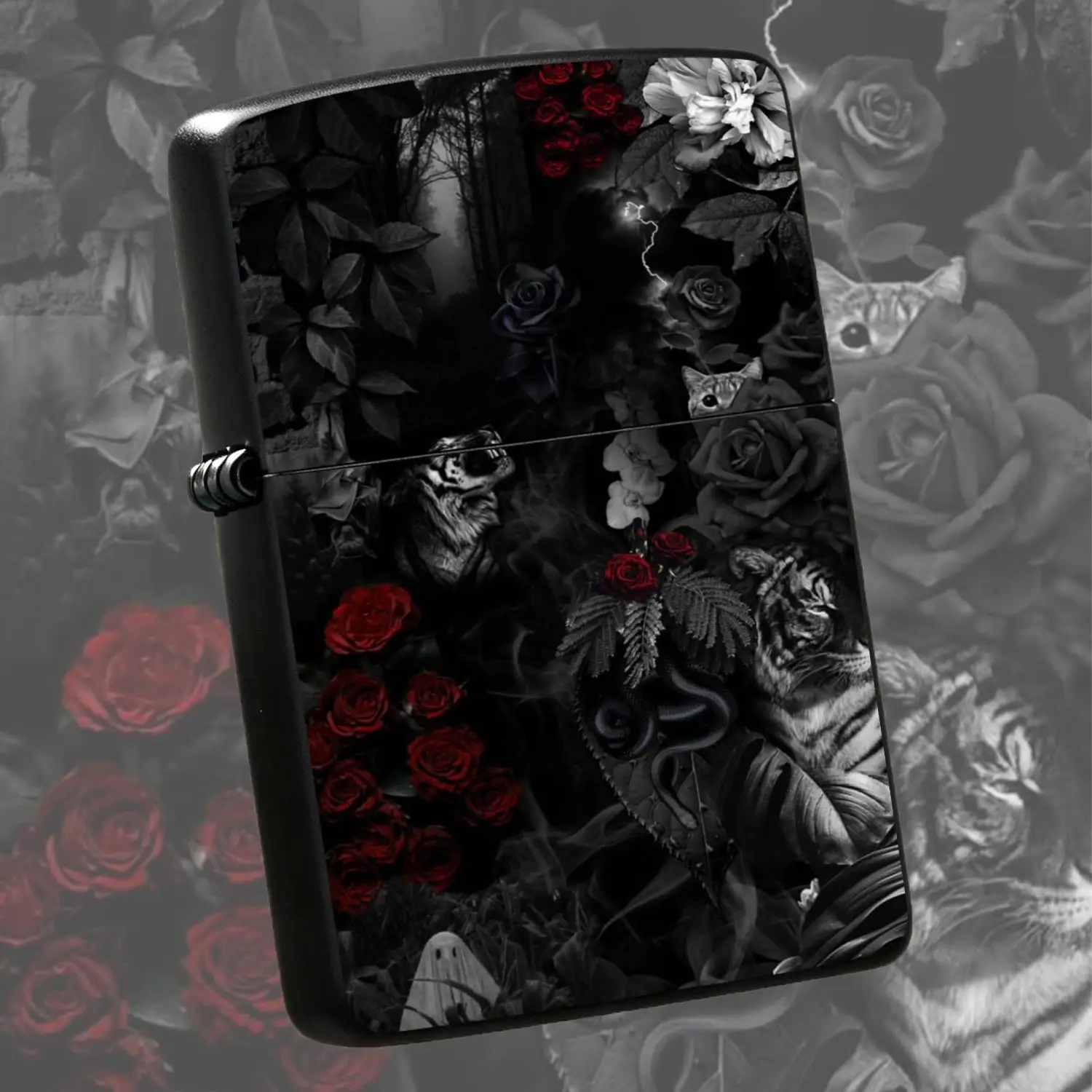 Dark Gothic Jungle Secret Art Lighter, Features Aesthetic Red Roses, Beasts, Snakes And Misty Forest Imagery, Trendy Unique Portable Accessory, Fits All Daily Occasions, Exquisite Unusual Gift Choice For You And People With Distinct Tastes