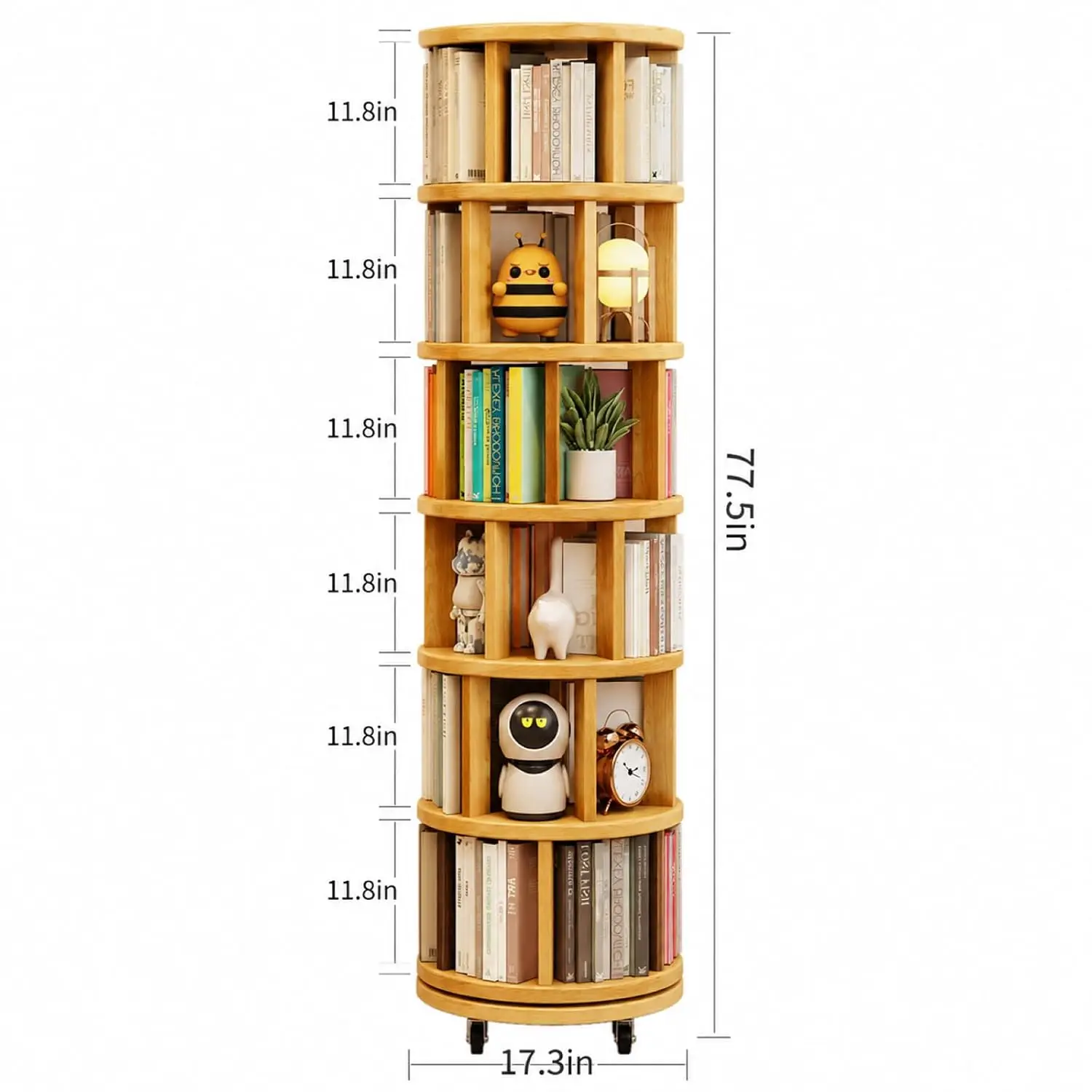6 Tier Rotating Bookshelf Tower, 360° Revolving Wooden Bookcase with Wheels, 100+ Books, 6.5 ft Tall Corner Storage , Customized