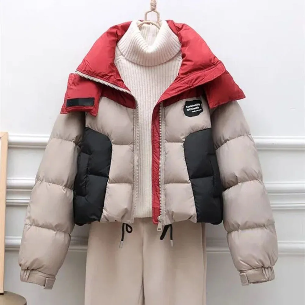 Winter korte capuchon dames streetwear patchwork cropped donsjack Koreaans katoen gewatteerd dons dikker thermische parka dame