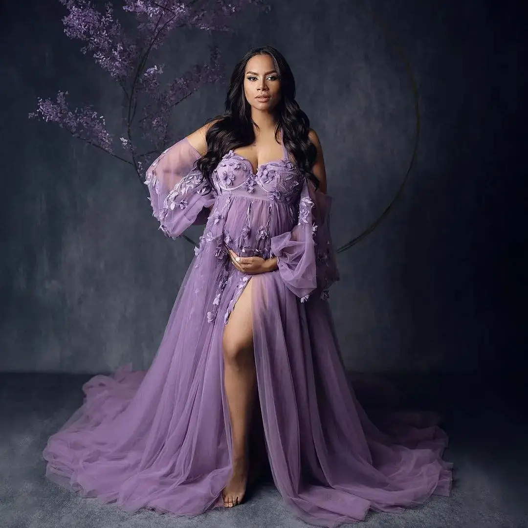 

Fashion Lavender Prom Dresses Tulle Side Slit Pregnancy Photography Dressing Gown Puff Long Sleeves Appliqued Maternity Robes