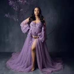 Fashion Lavender Prom Dresses Tulle Side Slit Pregnancy Photography Dressing Gown Puff Long Sleeves Appliqued Maternity Robes