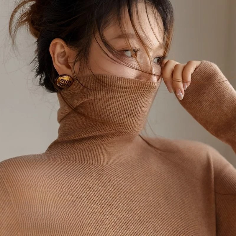 

Zjaiss женский свитер с высоким воротником 2025 пуловеры осень-зима корейский тонкий однотонный простой базовый вязаный толстый теплый топ с длинными рукавами