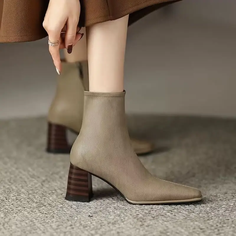 

Elegant PU Zipper Concise Female Design Ankle Boots Women Wood Grain Pattern Square Heel Short Plush Warm Lady Footwear Shoes