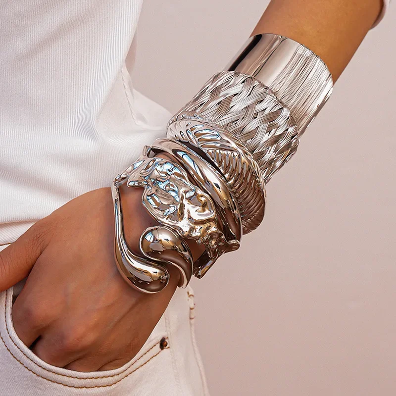 Multi-style Silver Color Metal Bangles Hollow Woven Irregular Wide Spring Open Cuff Bracelets Daily Steampunk Hand Jewelry F