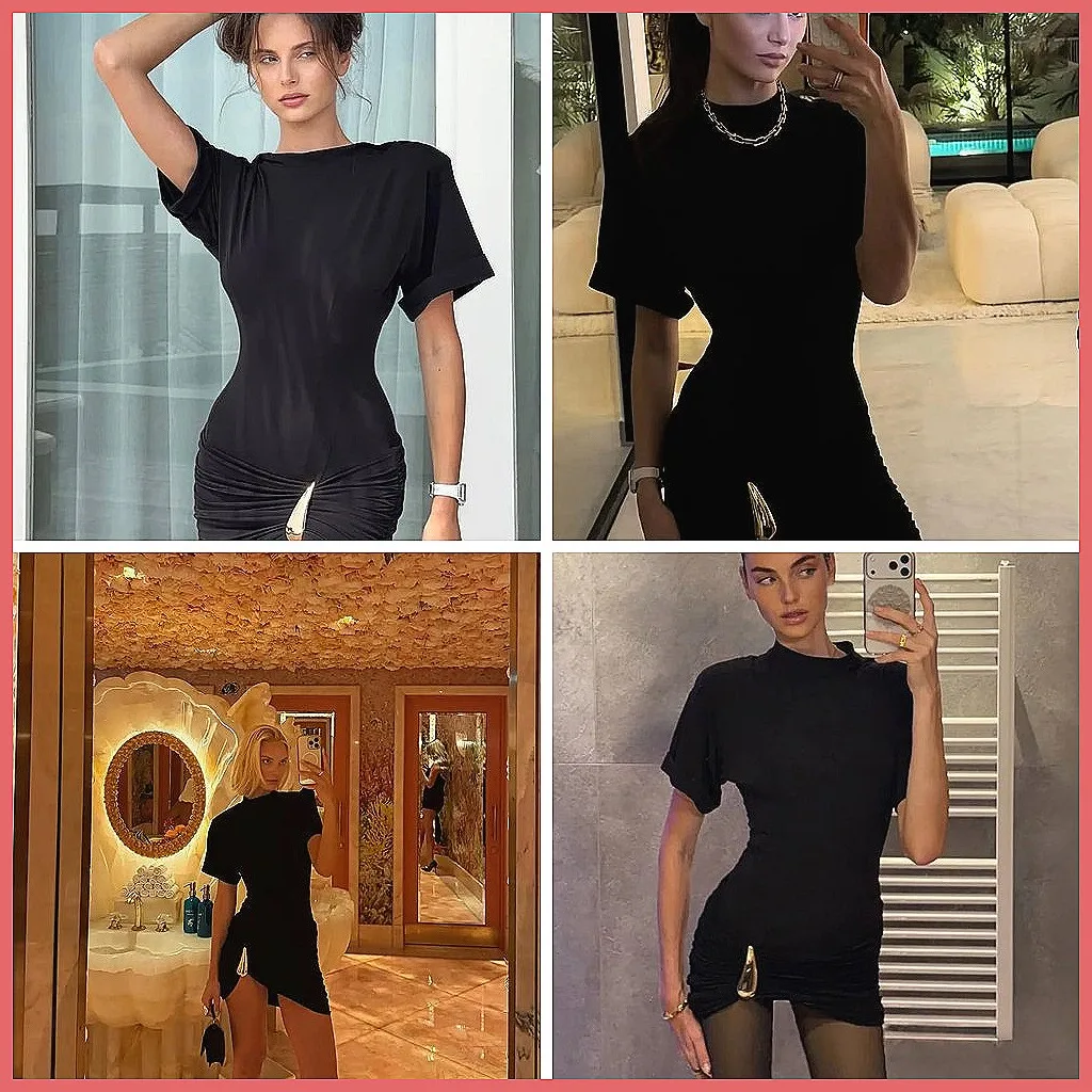 

Black Turtleneck Short Sleeve Bodycon Dress for Women, Pleated Drop Waist Mini Dress for Date Night