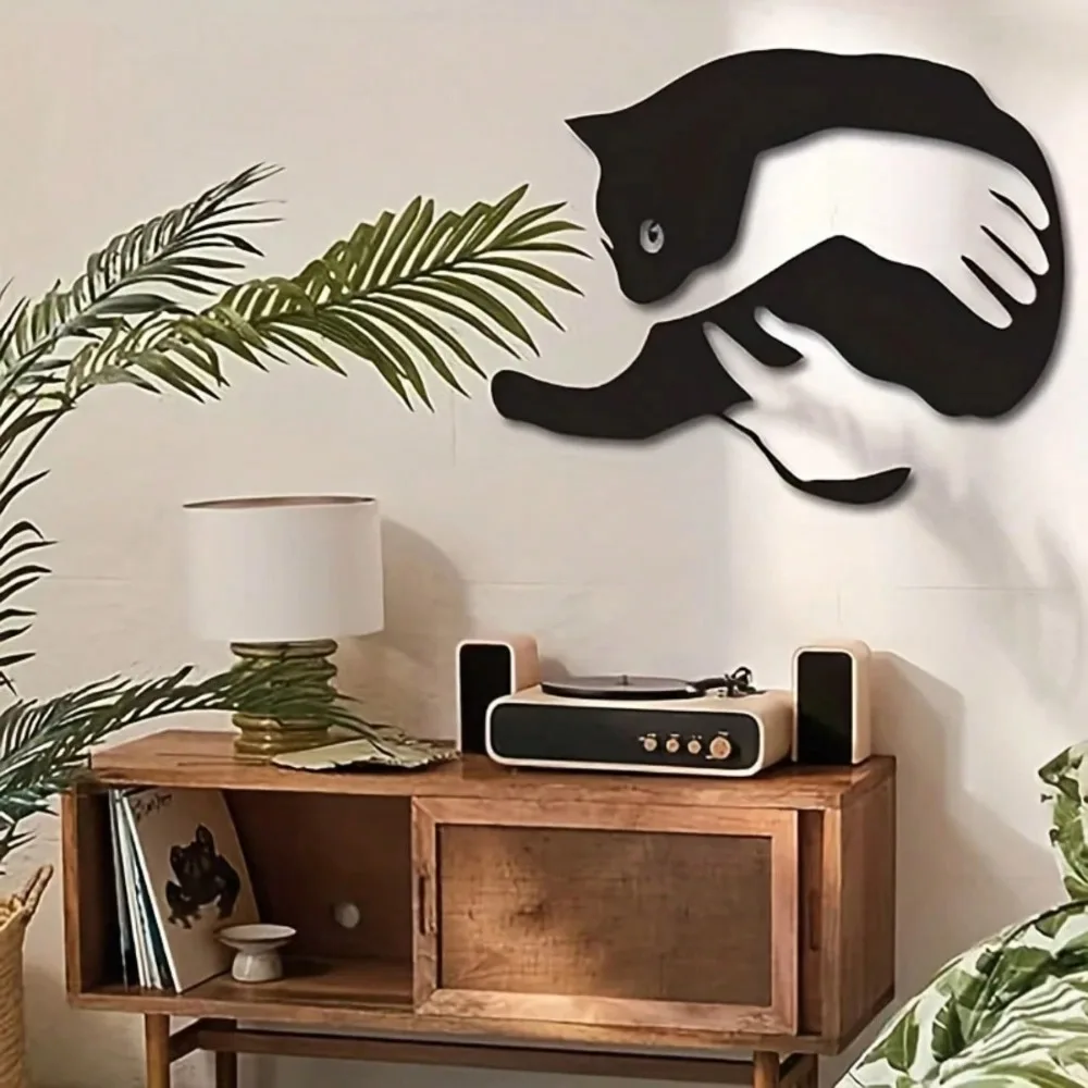 Modern Metal Cat Wall Art Decor Black Silhouette Sculpture Hanging for Home Interior Ornament