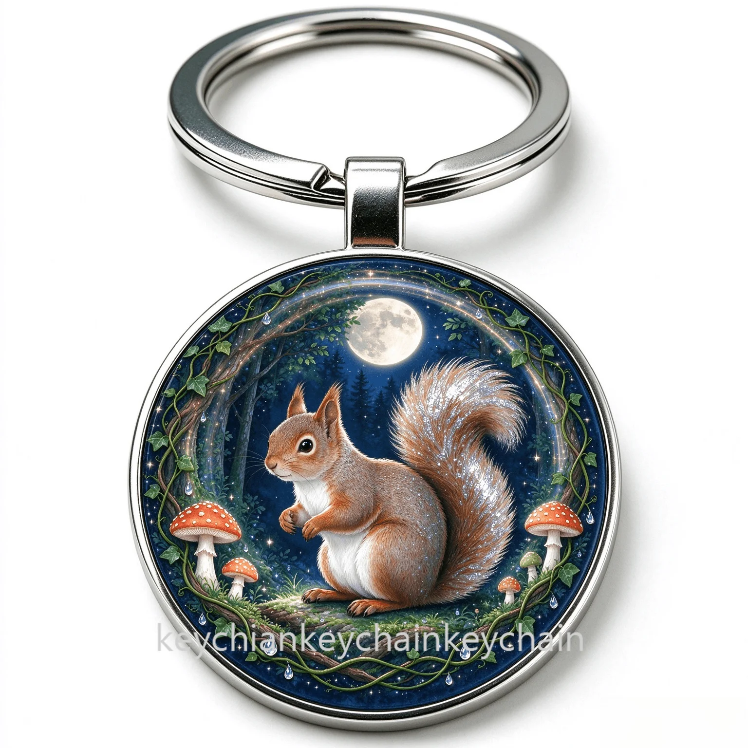 red squirrel night forest full moon Keychain Key Ring Animal Bag Charm Car Key Holder Gift for Men Women
