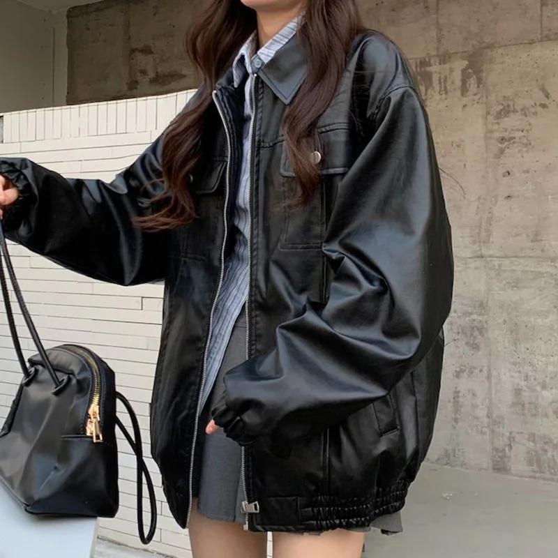 

Новинка 2024, весенняя женская куртка Y2k, кожаная куртка-локомотив, верхняя одежда со звездами, винтажные черные куртки с буквенным узором, топы, пальто, одежда