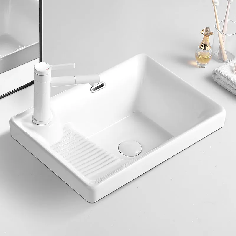 Balcony washbasin, ceramic semi-embedded washbasin, household center basin with washboard, deepened on both sides of the basin
