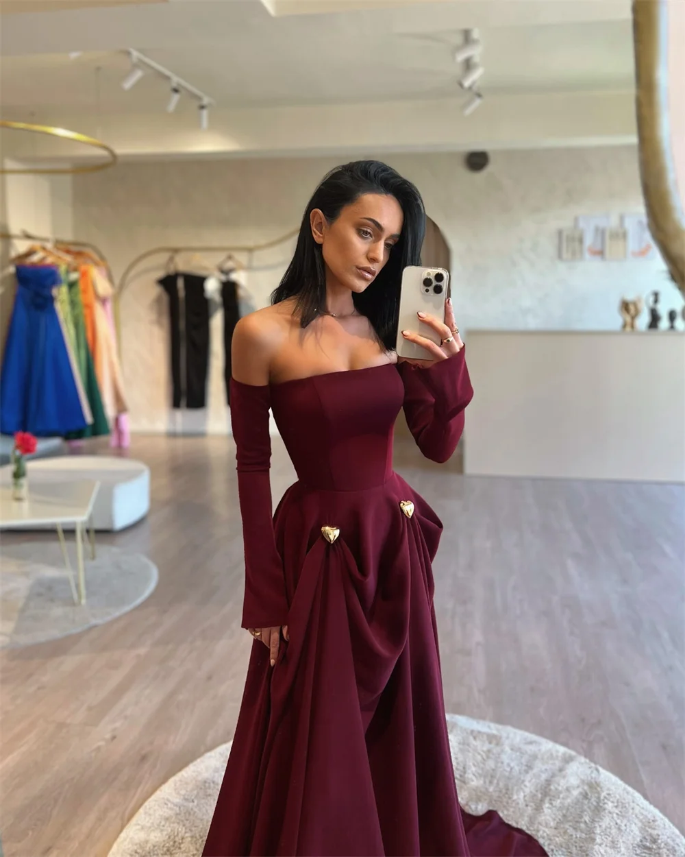 Cathy 맞춤형 부르고뉴 오프 숄더 A 라인 댄스 파티 드레스 긴 소매 Draped vestidos de noiva 바닥 길이 이브닝 드레스 2025
