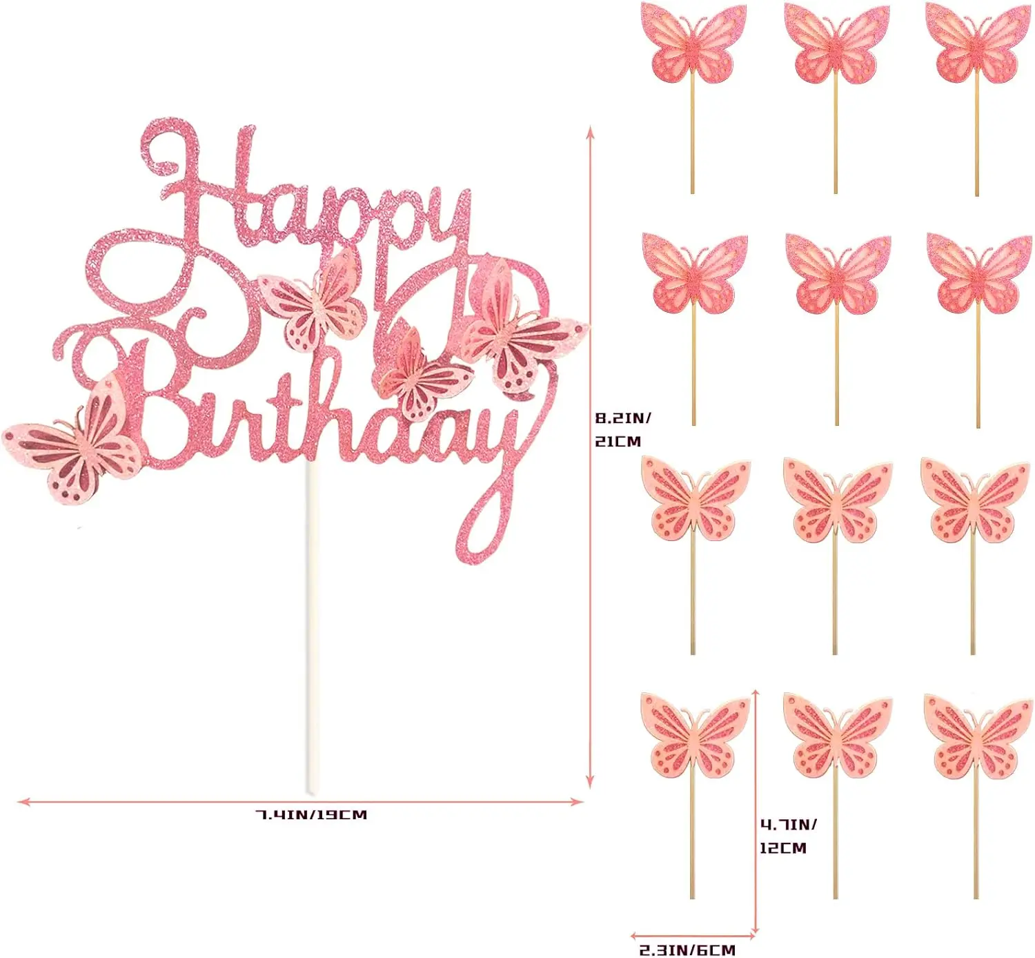 13pcs Pink Butterfly Cake Toppers Happy Birthday Cake Topper 3D Butterfly Decorations for Baby Shower Birthday Cake Decorations