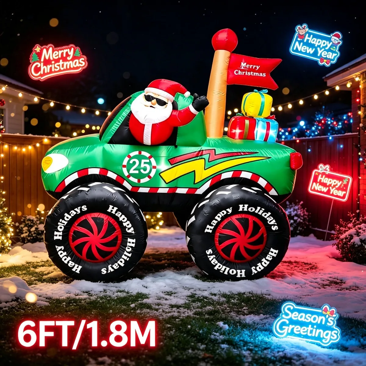 Christmas Santa Driving Monster Truck Holiday Lighting Blow Up Inflatable Garden Ornament