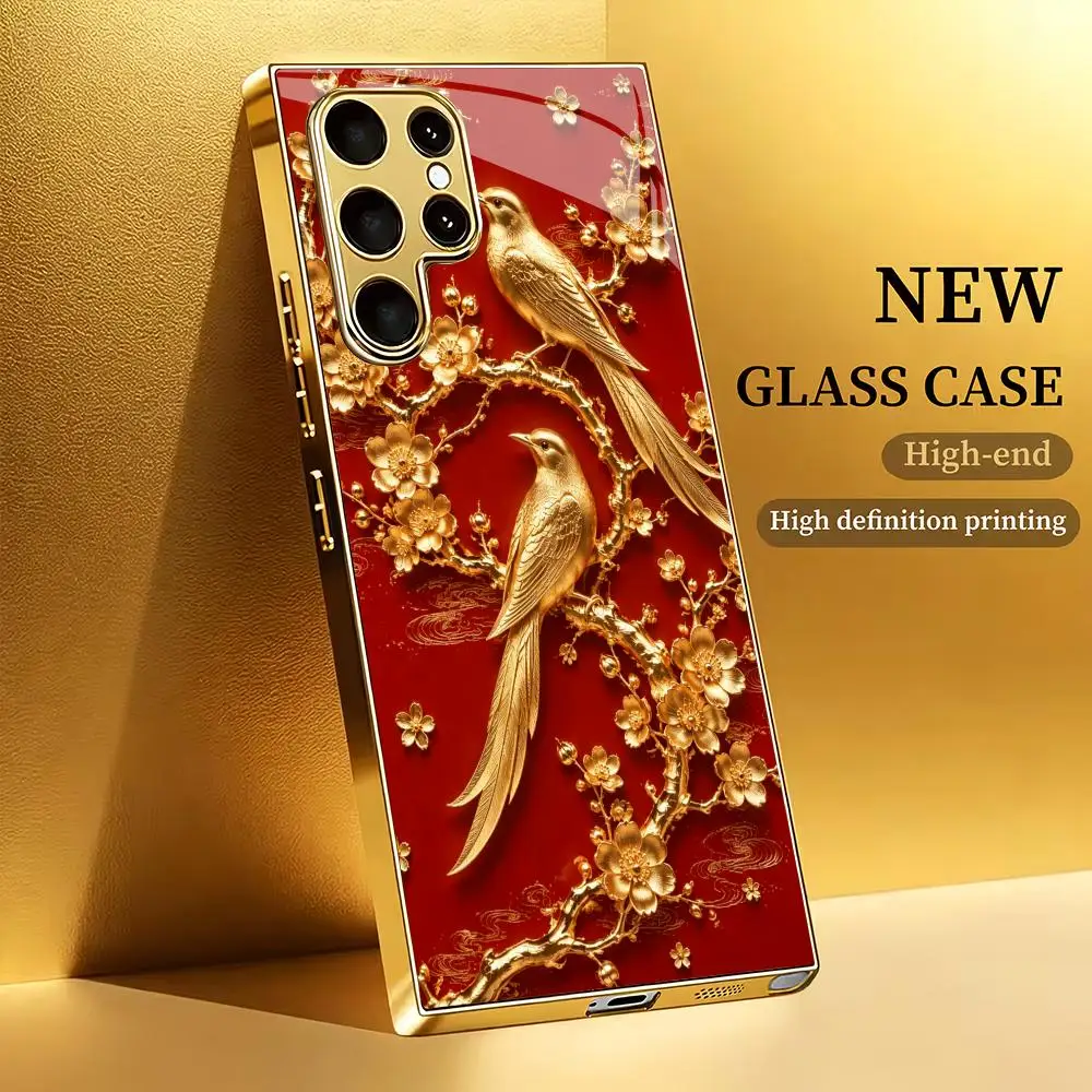 Joyful Chinese style patterned glass phone case suitable for Samsung Galaxy S26 S25 S24 S23 S22 S21 S20 FE/Ultra/Plus anti drop