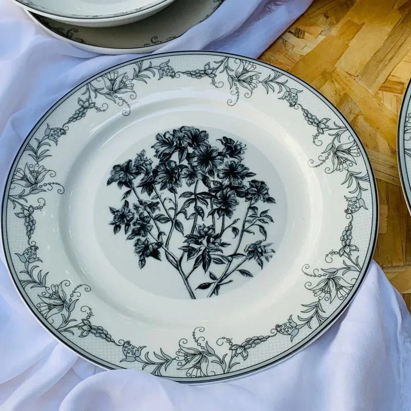 Retro Black Floral Ceramic Tableware Set,Hotel Western Cuisine Plate Salad Bowl Coffee Cup Saucer,Home Kitchen Dining Decor Gift