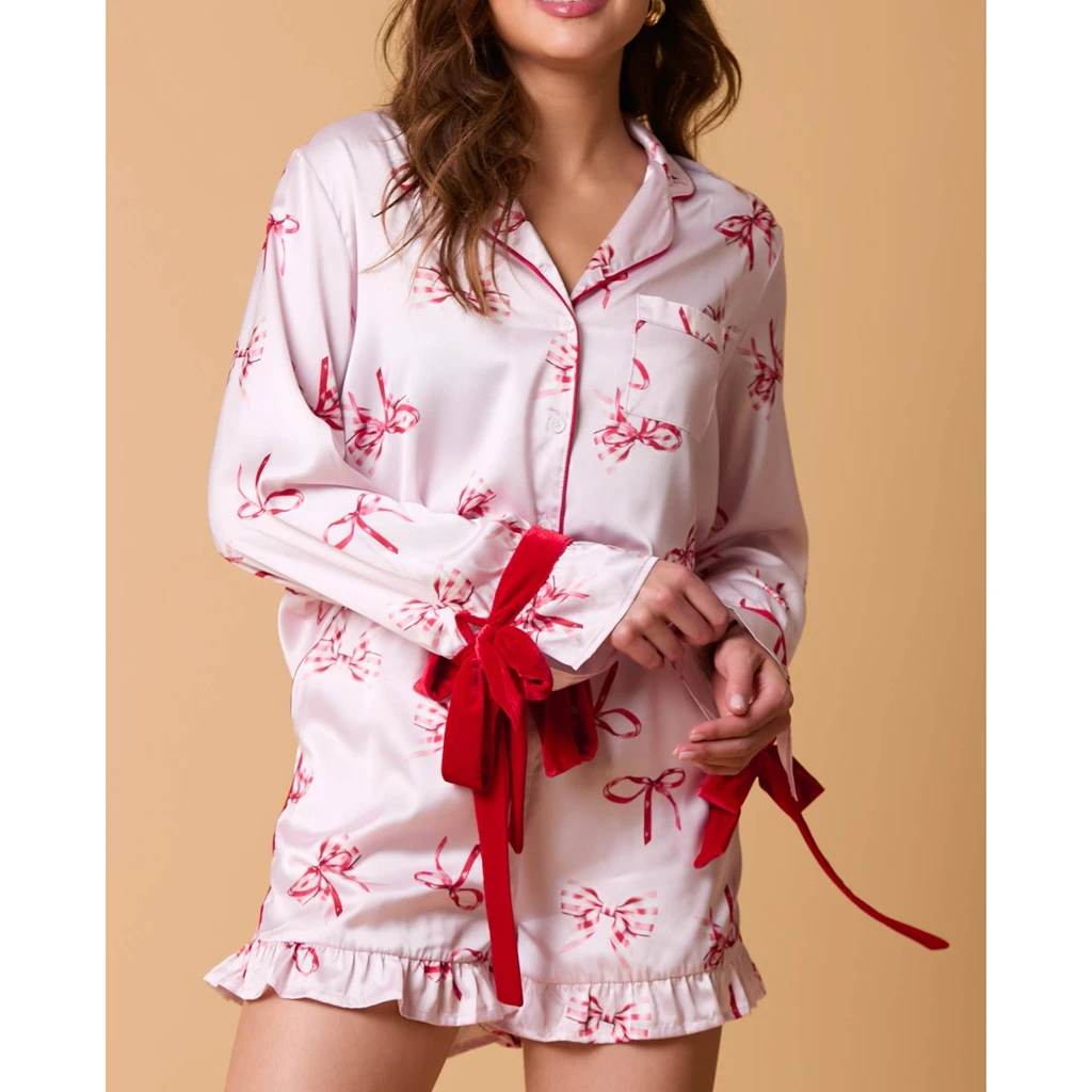 HEZIOWYUN Women 2Piece Silky Ruffled Cuff Pajama Set Long Sleeve Lapel Button-down Shirt+Drawstring Velvet Bow Tied Waist Shorts