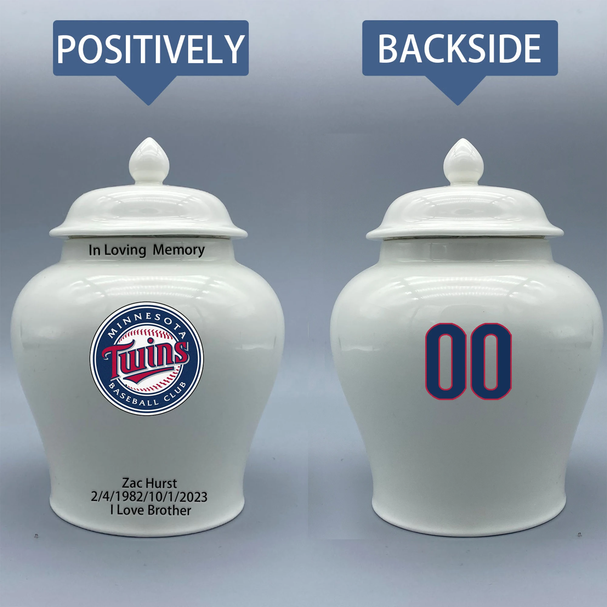 

Medium Urn for Minnesota Twins-themed Logo Urn.Please send me the customize information-name/date and number on the urn