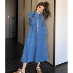 Spring 2025 Chic Denim Women's Dress French Style Long Sleeve Vintage Jeans Lady Robe Autumn Fashion K1301