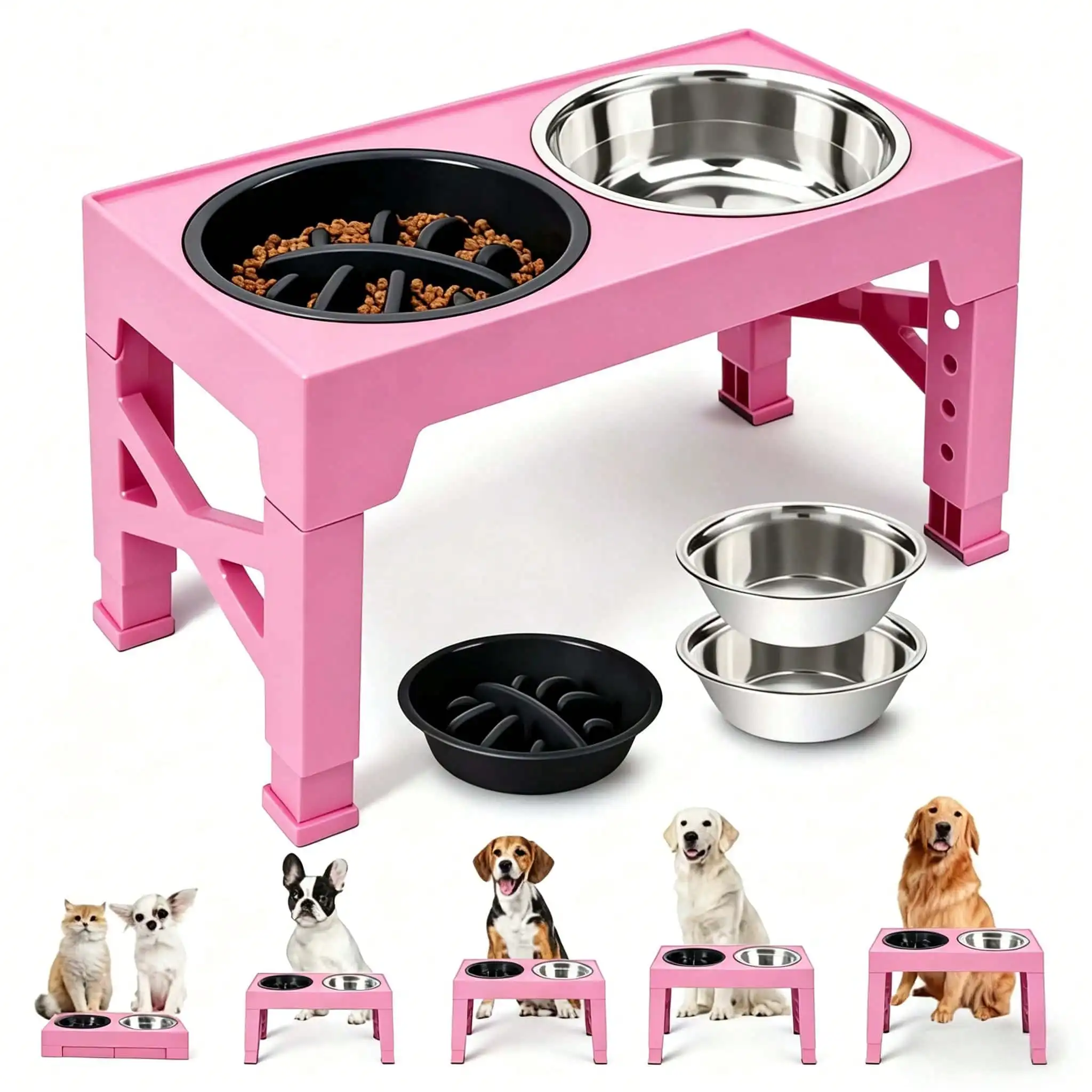 Adjustable Height Pet Elevated Dog Bowl With 5 Adjustable Height Settings. Comes With 2 Stainless Steel Dog Water Bowls And 1 Slow-Feed Dog Bowl. Adjustable Elevated Dog Bowl Stand. Suitable For Small, Medium And Large Dogs. sp260421182900115412470