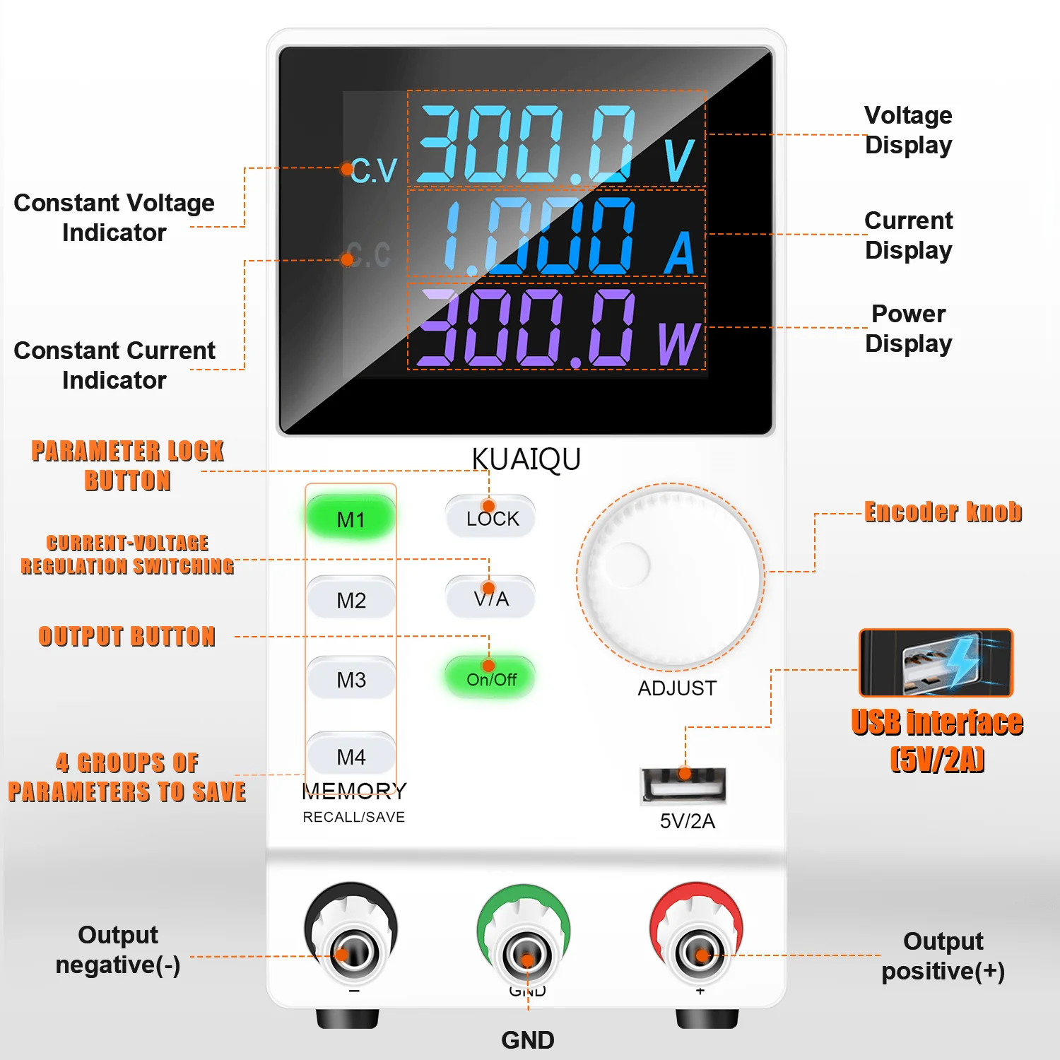 KUAIQU Programmable Storage Laboratory DC Power Supply Adjustable 30V 10A Memory Function Regulated Voltage Regulator 200V 300V