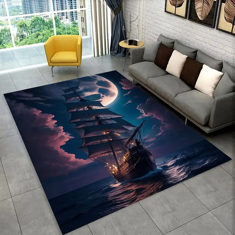 Storm Pirate Ship Boat Barque Large Area Rug Non-slip Durable Carpet for Bedroom Living Room Sofa Doormat Home Decor Floor Mat