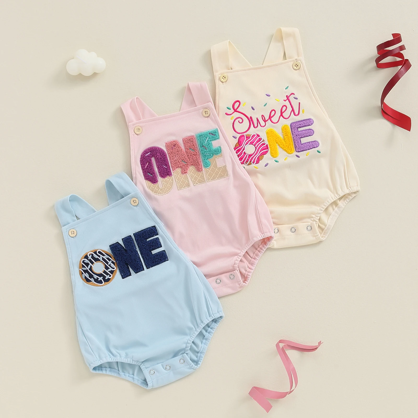 FOCUSNORM 0-18M Baby Girls Boys Birthday Cute Romper Overalls Letter Embroidery Square Neck Sleeveless Jumpsuit