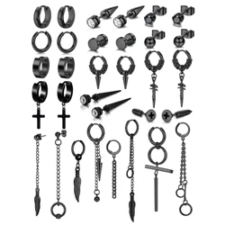 WKOUD 2Pcs Black Kpop Stainless Steel Piercing Stud Earrings Long Chain Cross Feather Dangle Hoop Earrings Set for Men Women