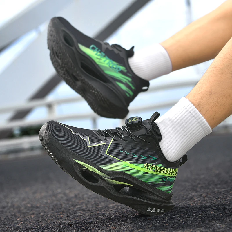 Herren-Freizeitsportschuhe mit Drehverschluss, professionelle Laufschuhe mit Carbonplatte, Unisex-Laufschuhe mit farbverlaufendem, atmungsaktivem Mesh-Material, hohe Rückfederung, stoßdämpfend, verhindert Verdrehungen, rutschfest, abriebfest, für Langstreckenläufe, Training, Fitness, Freizeitsportschuhe. – Detail 9