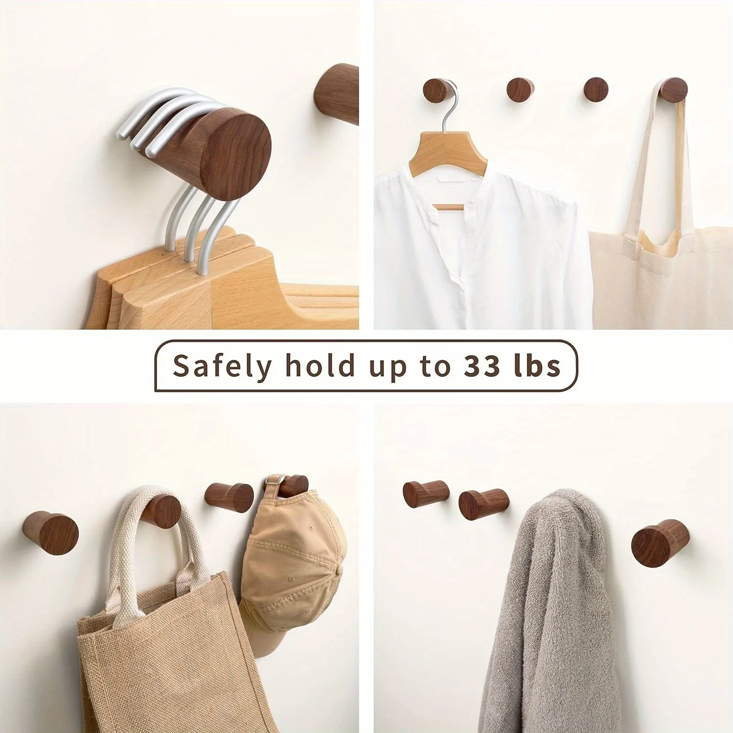 Pack of 1-6 Walnut - Non-slip Traditional Style Handmade Wall Hooks Set for Hats, Coats - Simple Multipurpose Home Decor