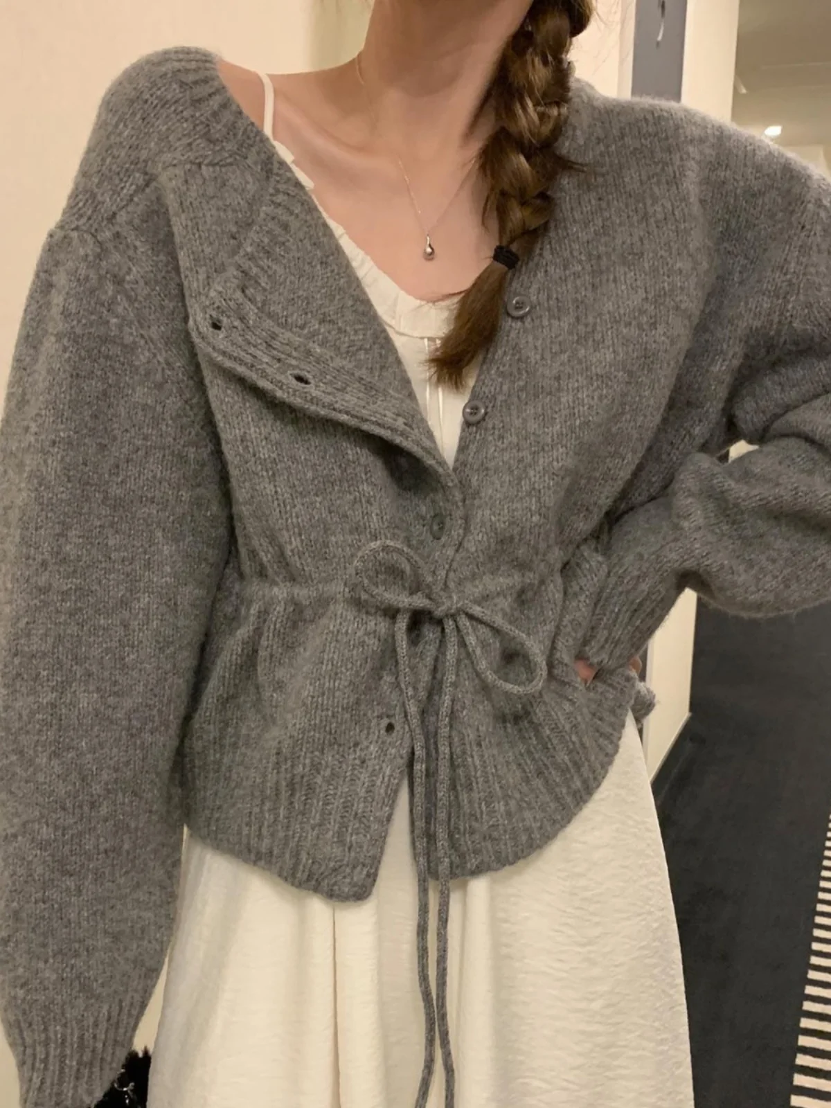 

ay Ele ort Knitted Sweater Women's Belted Waist Design Single Button Open Cardigan Korean Sle Loose Fit Long Sve