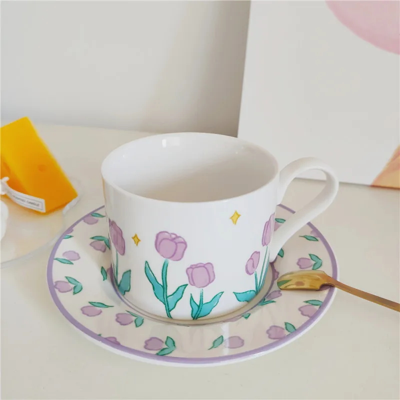 

250ml Beautiful Tulip Ceramic Cup and Saucer Set Coffee Utensils Pink Purple High Grade Porcelain Afternoon Tea Cup Coffeeware