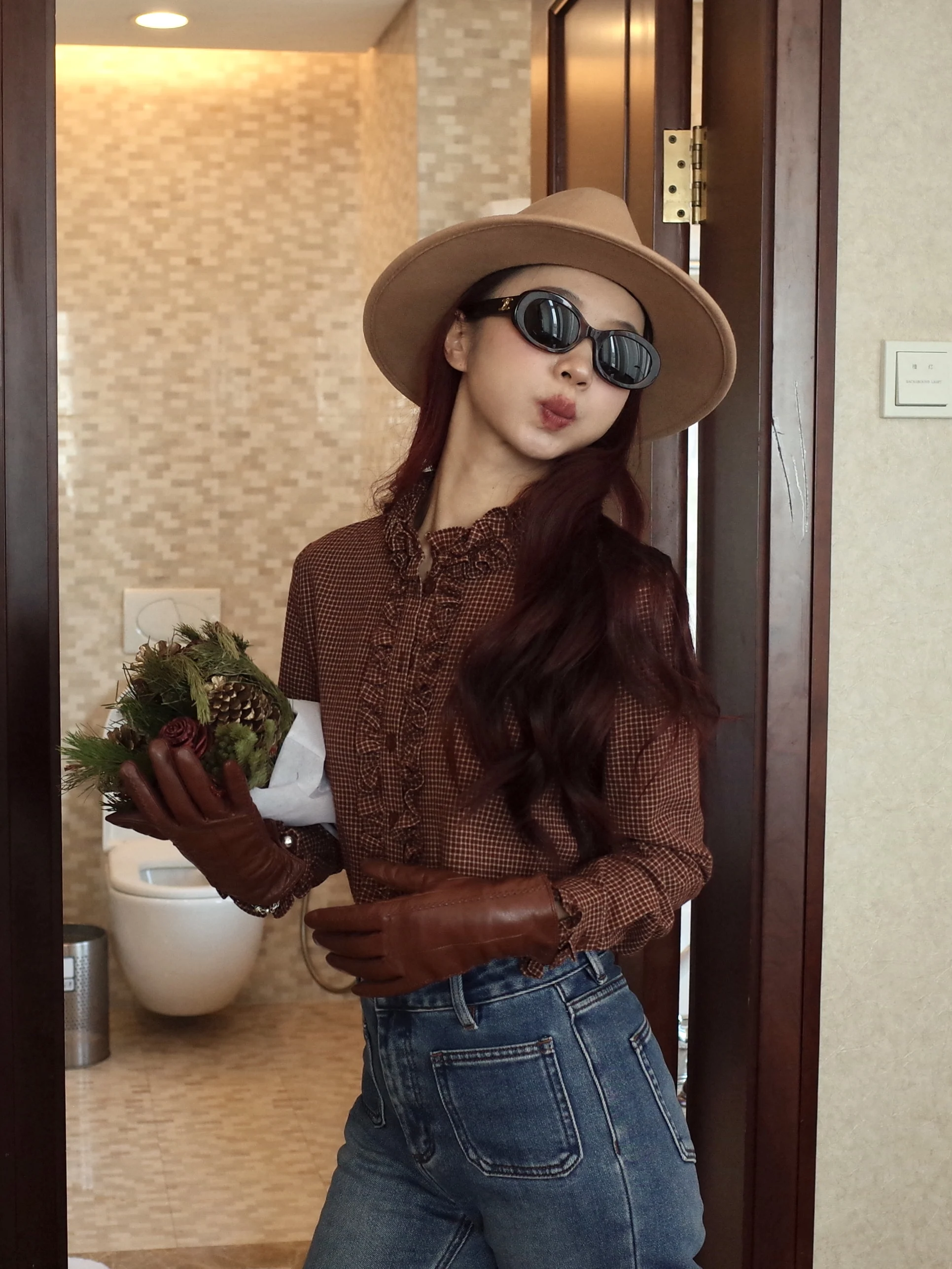 

Retro Red Brown Plaid Cotton Linen irt Small Cake Decoration Vintage Sle Slim Fit Long Sve Women's Casual irt