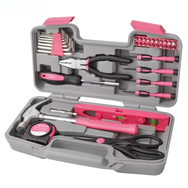 Kit de Herramientas para el Hogar Alta Calidad, 18/19/20/39 Piezas, Color Rosa, con Martillo, Llave Inglesa, Alicates, Herram