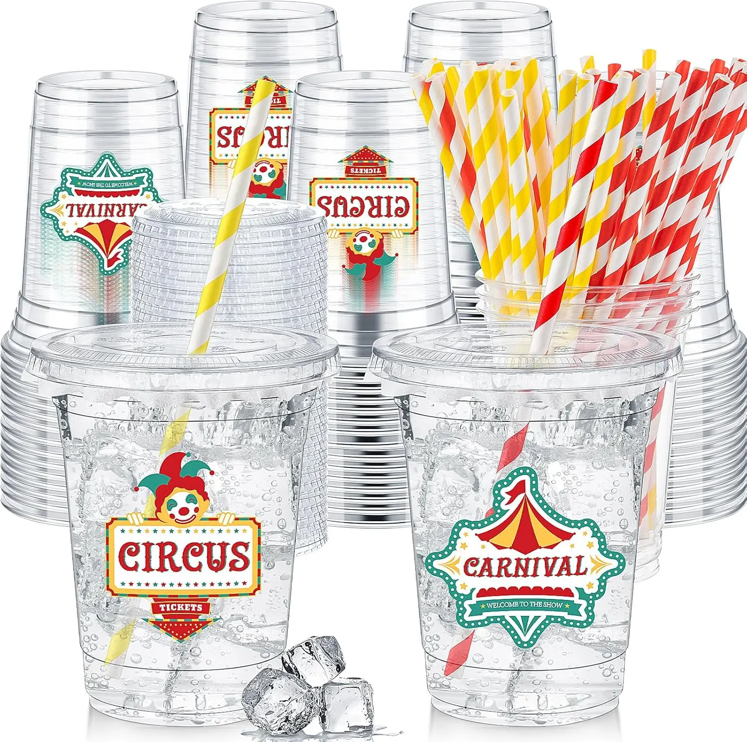 

50 Pcs Carnival Party Plastic Cups 12 oz Disposable Plastic Cups with Straws and Lids Circus Clear mug Birthday mugs Sup