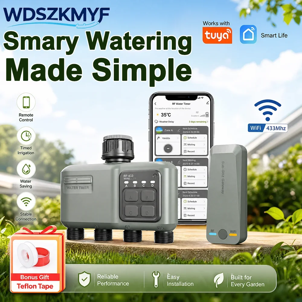 WiFi RF433 4-Outlet Smart Water Timer Tuya Programmable Automatic Garden Irrigation Sprinkler Controller with Rain Delay Filter