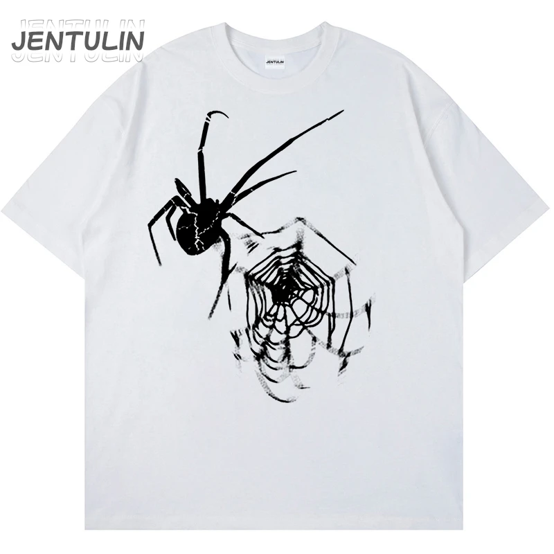 Fashon Korean Oversized Spider Print T-Shirt Men Hip Hop Streetwear Tees Y2K Clothes Summer Short Sleeve Tshirt Cotton Goth Tops