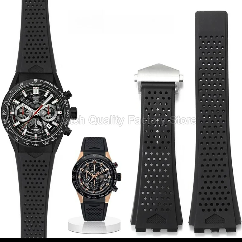 22x28mm Concave Convex Interface for TAG Heuer‑01 FT6071 FT6044 FC6400 Black Liquid Silicone Watchband Waterproof Anti Aging