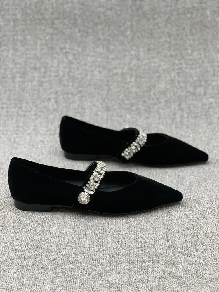 velvet-pointed-toe-flat-heel-mary-janes-women's-shoes-spring-autumn-new-style-diamond-embellished-slip-on-fashion-flats