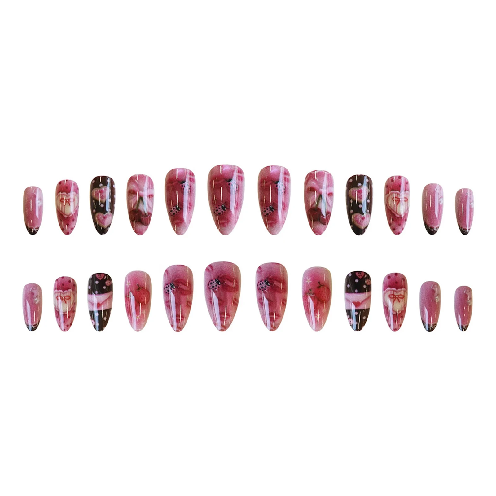 24 pièces mignon dessin animé cerise arc faux ongles Art amande pointe française portable mode doux rose faux ongles artificiels avec adhésif