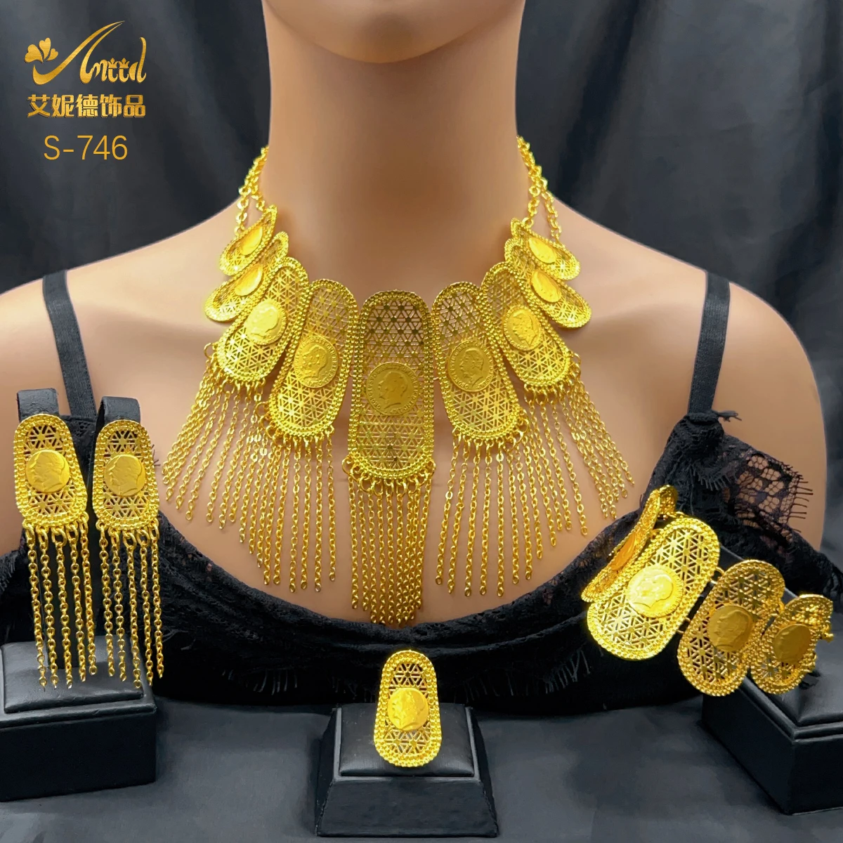 مجموعة مجوهرات سحر عملات معدنية من ANIID-Indian عيار 24 قيراط ذهبية اللون للنساء ، إثيوبية ، دبي ، قلادة إفريقية ، هدايا حفلات