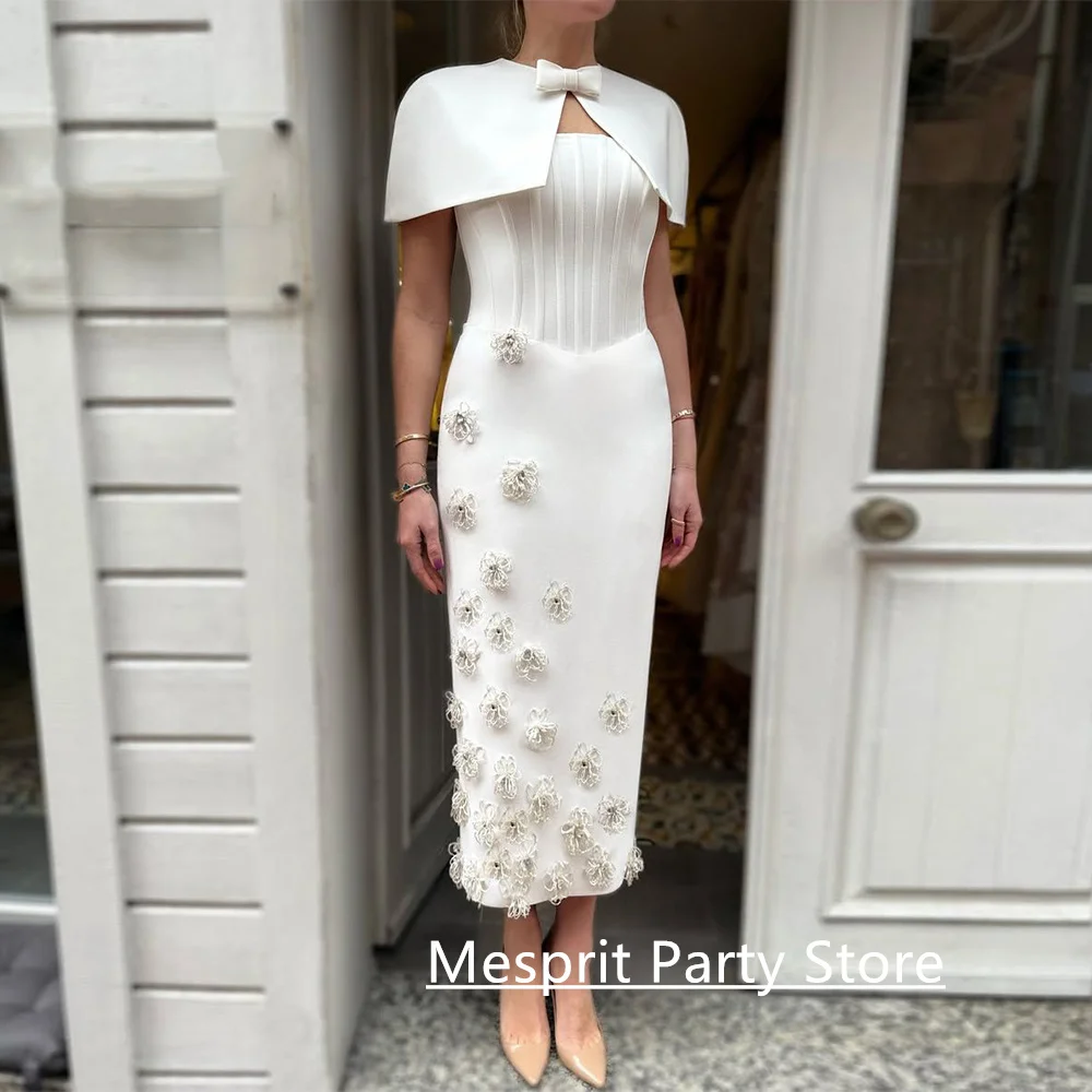 

Ivory Evening Dress Customized Strapless Sleeveless with Cape Flowers Wedding Party Gown Saudi Arabian Prom Dresses