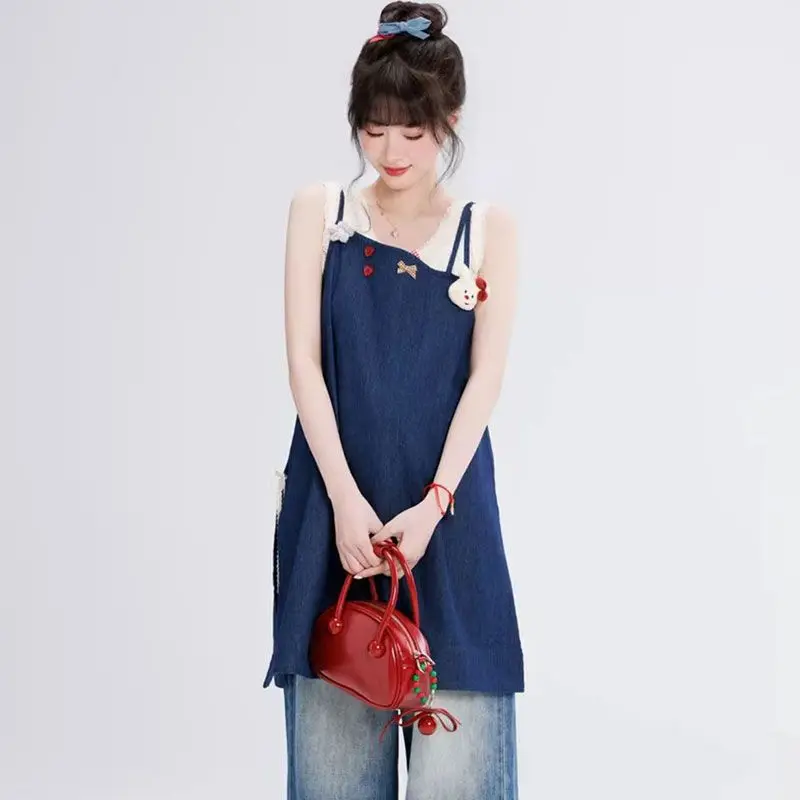 

Two-piece/set Forest Dress Retro College Style Denim Suspender Skirt Female Student Apricot Top 2025 Summer New Style Aesthetic