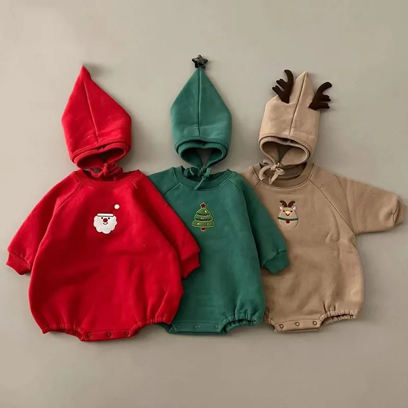 2025 Winter New Baby Fleece Cartoon Bodysuit + Hat Christmas Infant Boy Girl Plus Velvet Thick Jumpsuit Newborn Warm Clothes