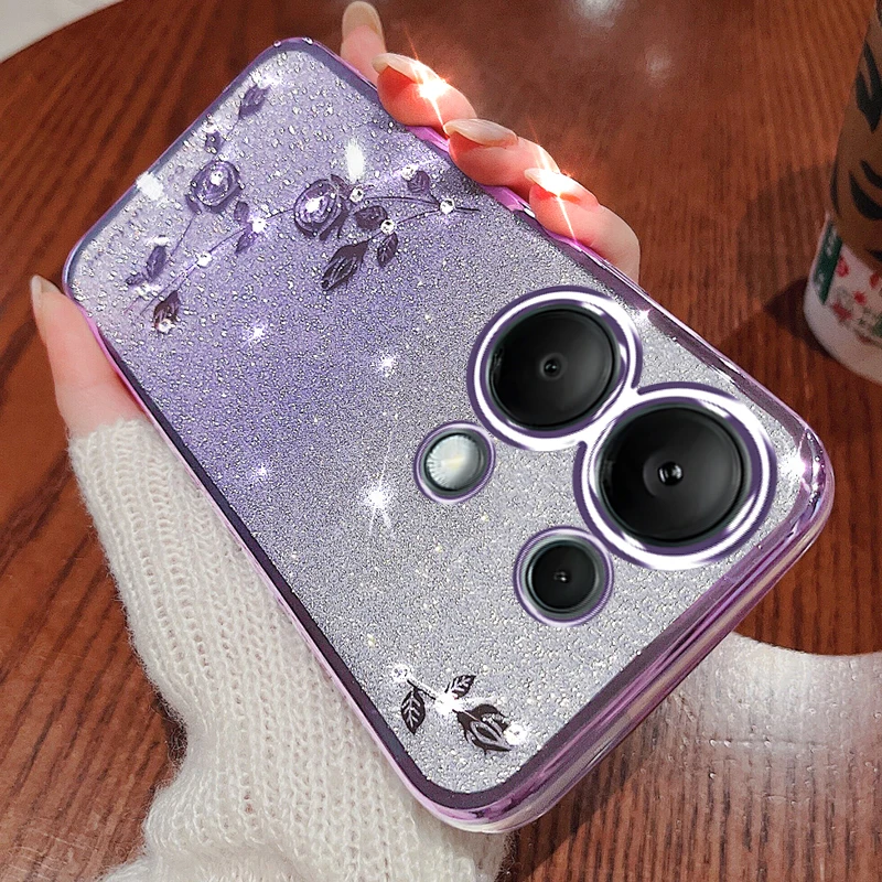 Glitter Phone Case for Xiaomi Redmi Note 13 13R 12 12S 12R 11 11S 11R 10 10S 9 9S Pro Cases Bling Rhinestone Silvery Shiny Cover