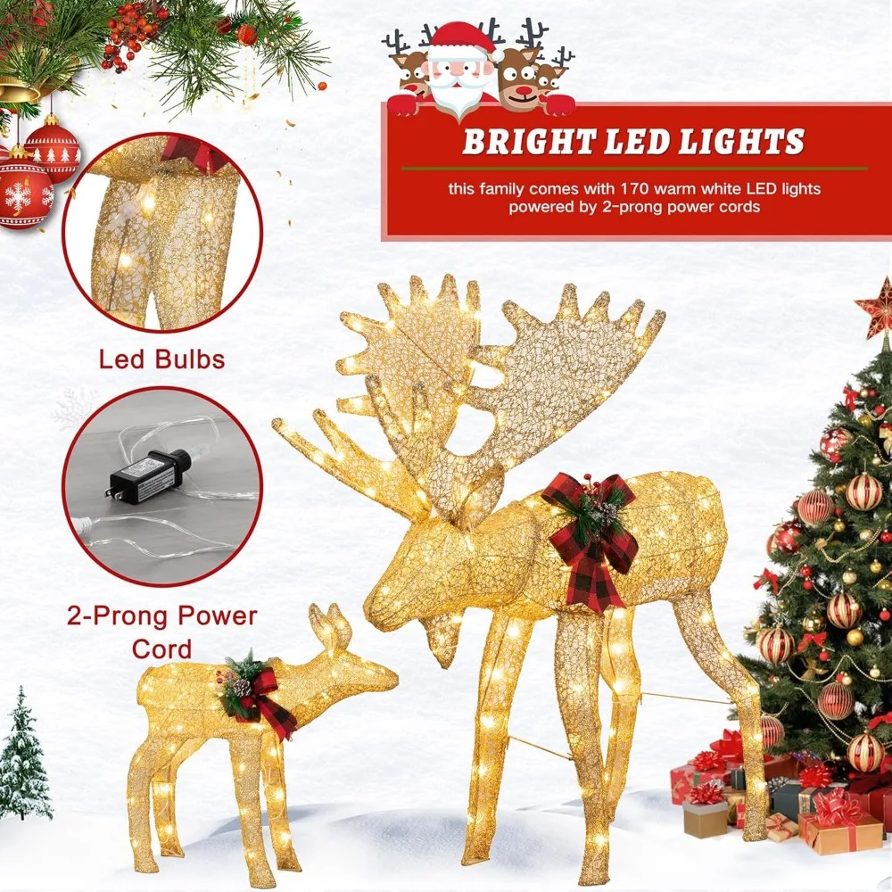 2-Piece 3D Lighted Christmas Reindeer Family, Pre-Lit Gold Christmas Decor Deer with 170 Warm White LED Lights