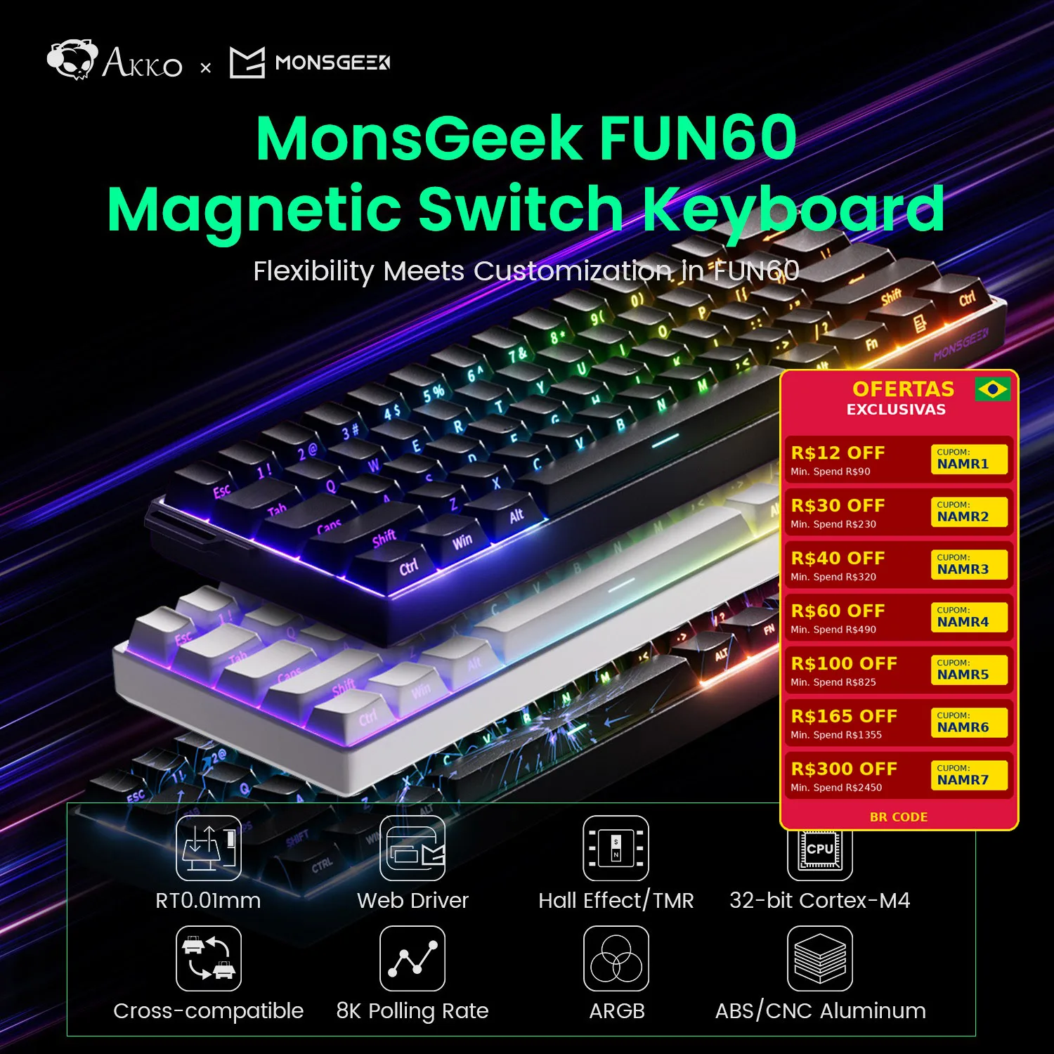 Akko MonsGeek FUN60 clavier mécanique interrupteur magnétique 60% claviers de jeu déclencheur rapide 0.01mm 8K ARGB HE/TMR clavier personnalisé