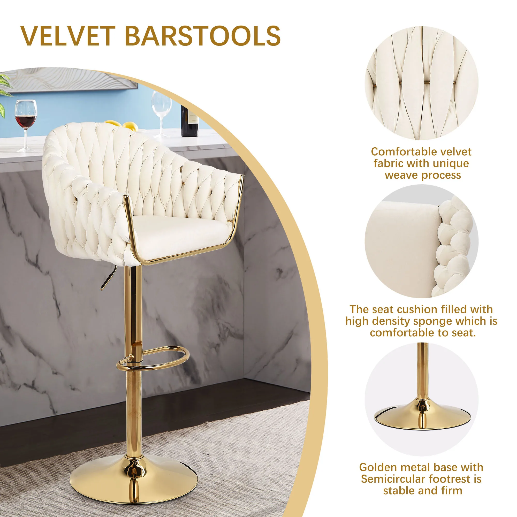 Sgabello da Bar set di 2 pezzi, sgabello da bar piccolo con schienale, altezza regolabile, sgabello da bancone in velluto e metallo