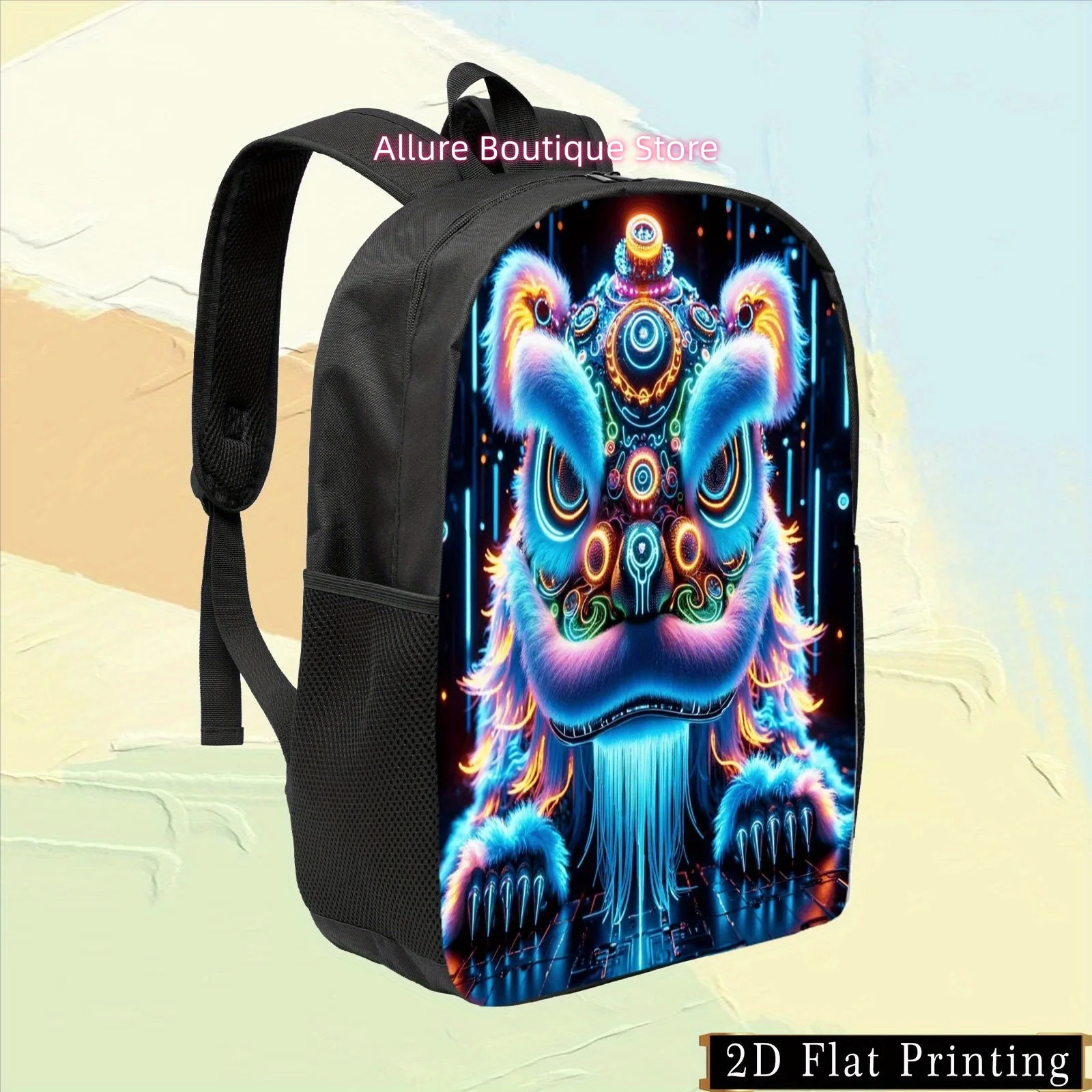 1pc Colorful Single-Sided Print Backpack with Lion Dance Neon Design, Fashionable Futuristic Style Zippered Shoulder Bag for Com